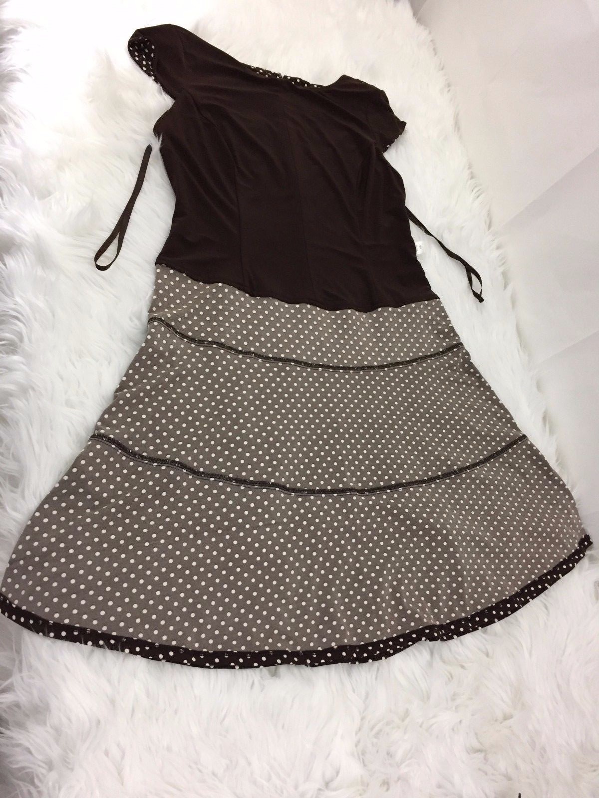 Size 12 Petite Dress Brown White Polka Dot Lined Belt Anne Klein