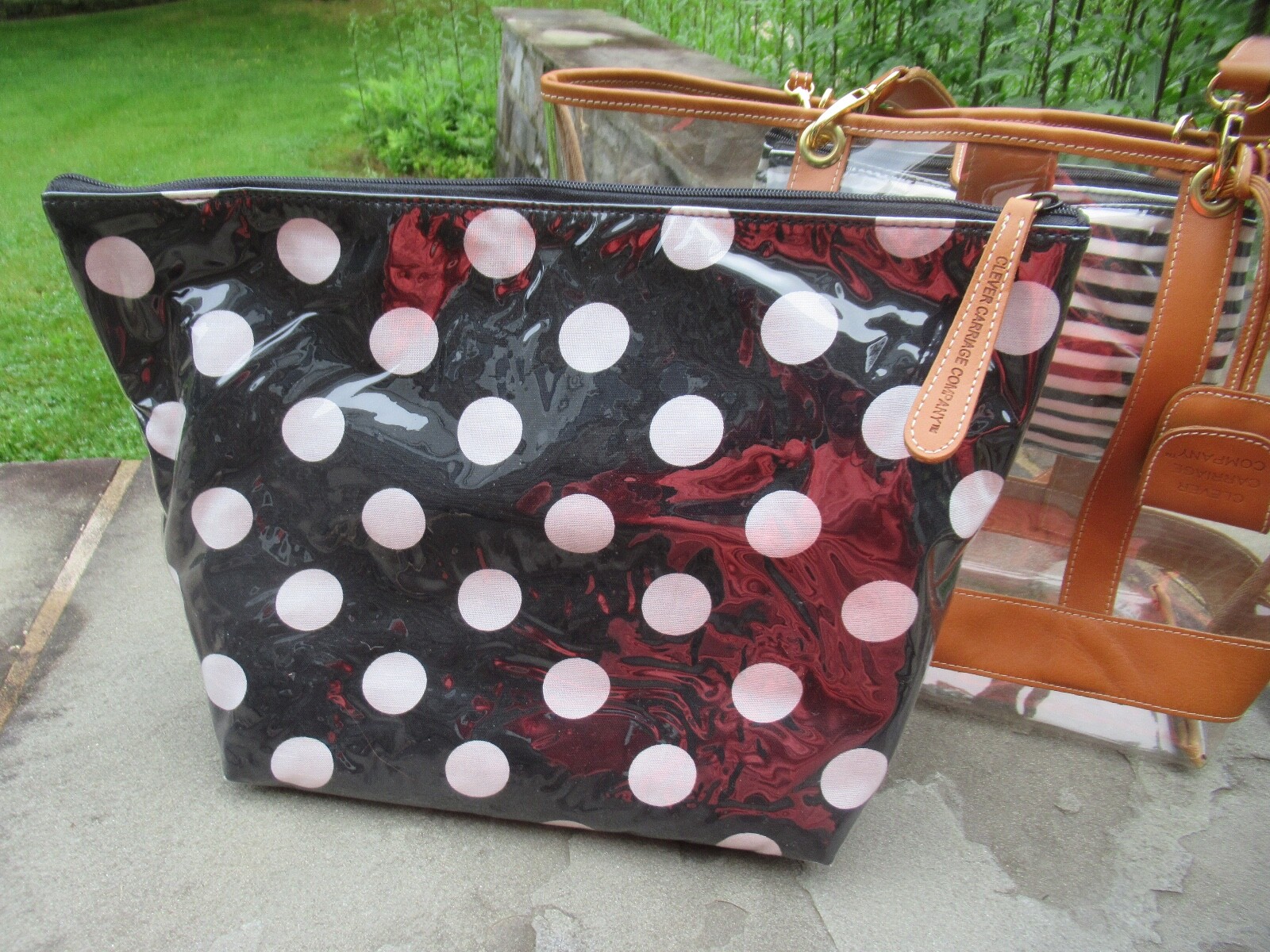 NWT Clever Carriage Co. Large Clear Tote/ Leather Trim/ Striped/ Polka Dot Bags