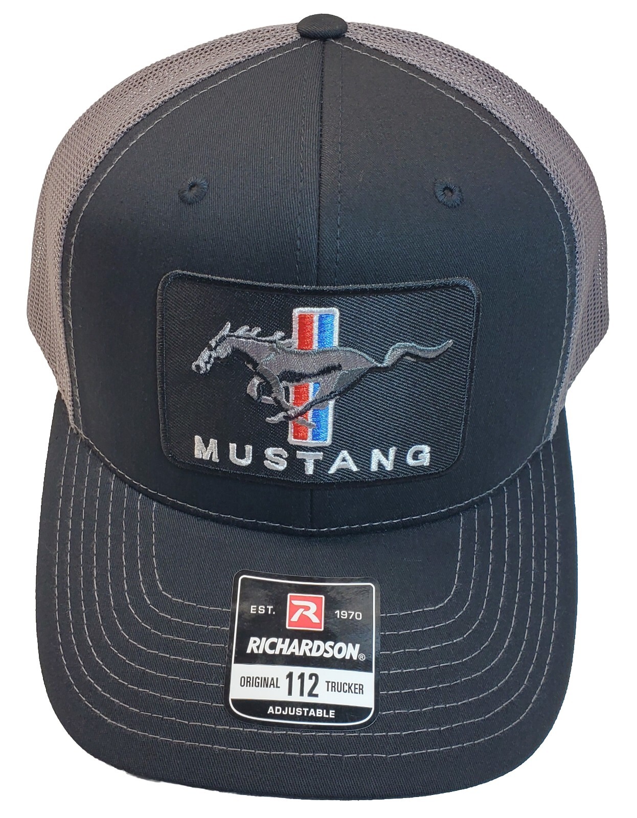 Mustang Embroidered Patch on Richardson 112 Trucker Hat Black/Charcoal