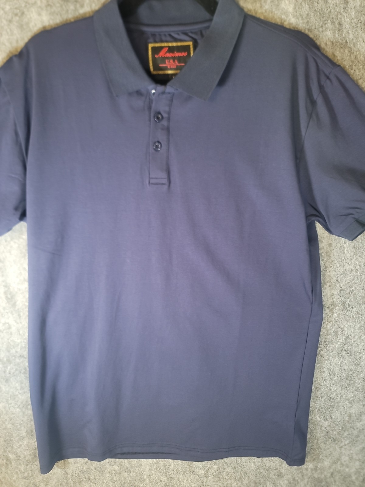 Men’s navy blue Maximos USA Stretch polo shirt features a 3-button placket L