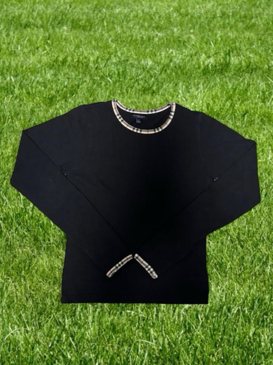 Burberry Women’s Long Sleeve Top Black Nova Check Trim Classic Size S