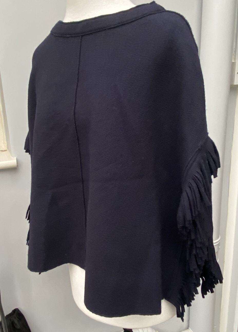 Rosso35 Italian Virgin Wool Navy Blue Fringed Poncho Cape BRAND NEW