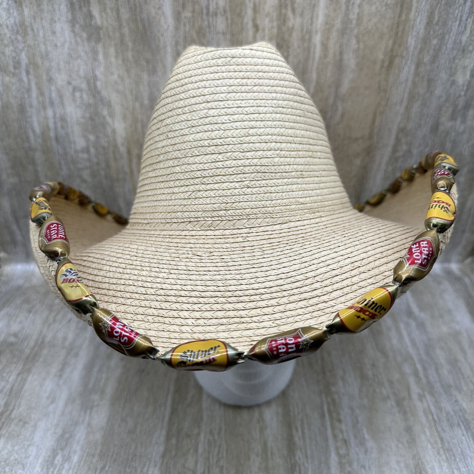 Rodeo Cowboy Hat Mens Approx Size 6.75 Straw Long Oval Wide Rim Beer Bottle Caps