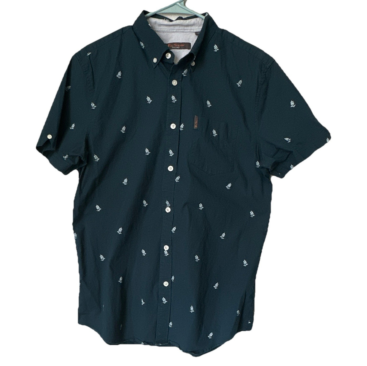 Ben Sherman Men’s L Blue Palm Tree Woven Cotton Short Sleeve Button-Up Pockets