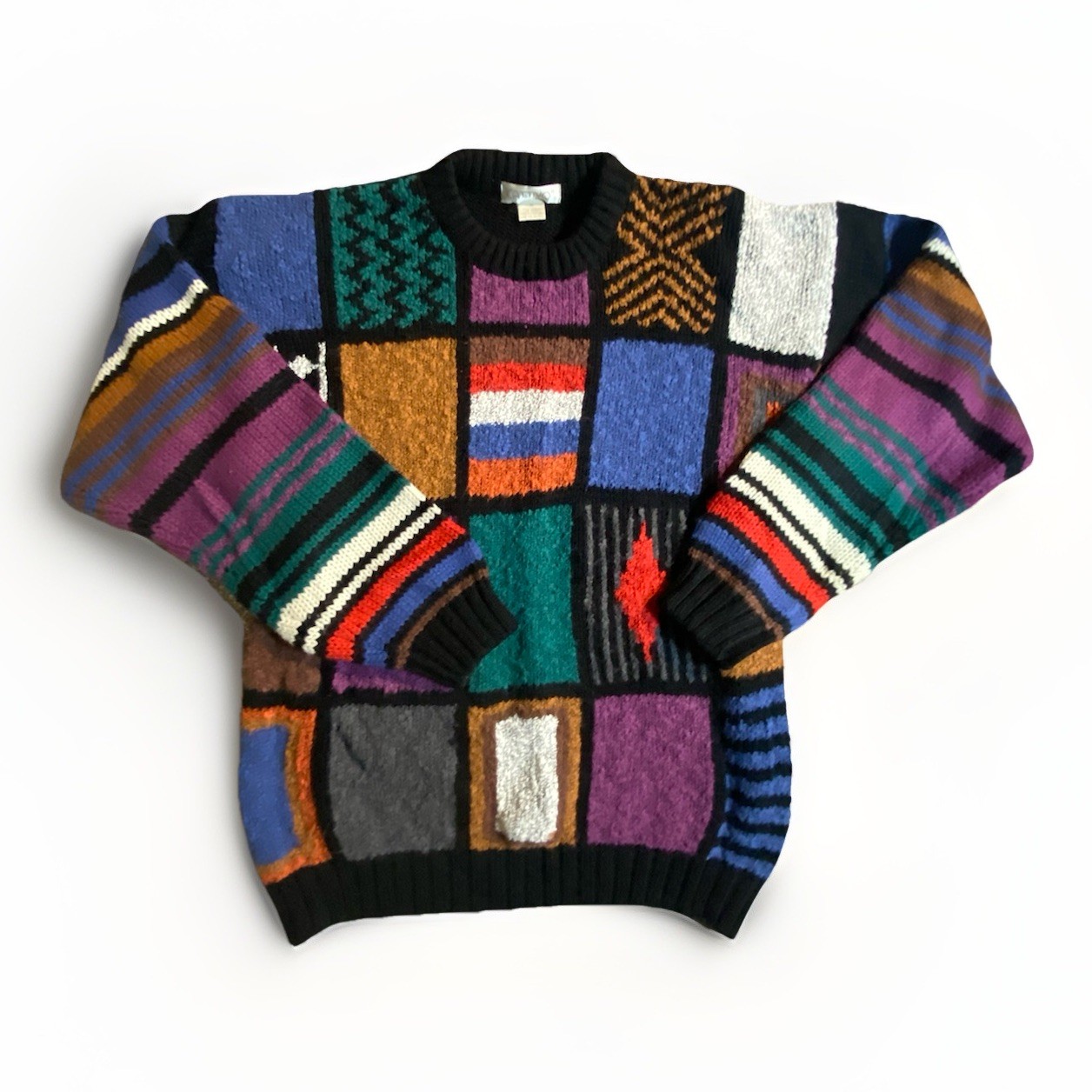 Vintage 90s Coogi Style Sweater Colorful Patchwork Knit Biggie Cosby Hip Hop M