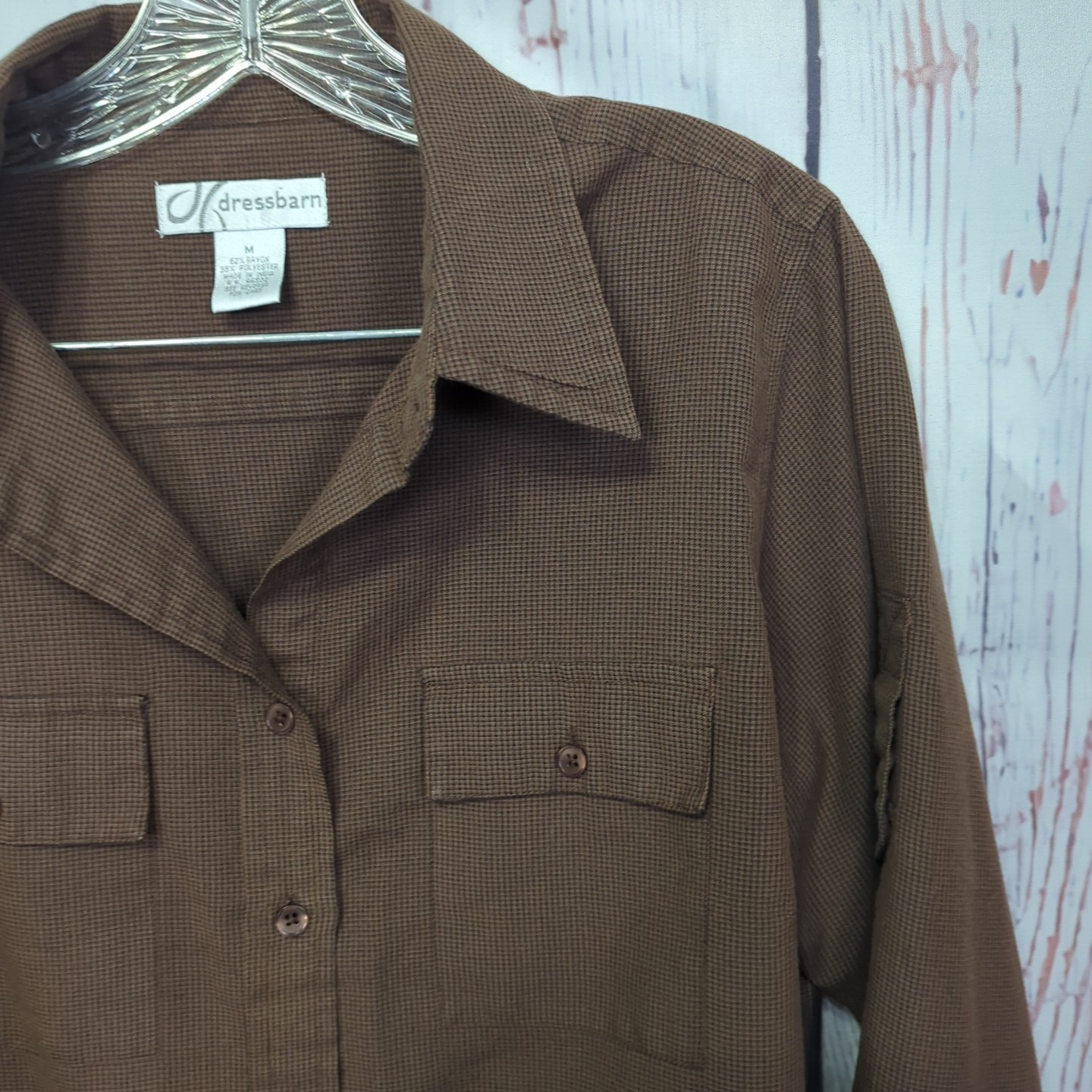 Dress Barn Collared Top Size M Brown Padded Shoulders Button Up EUC! [PT20]
