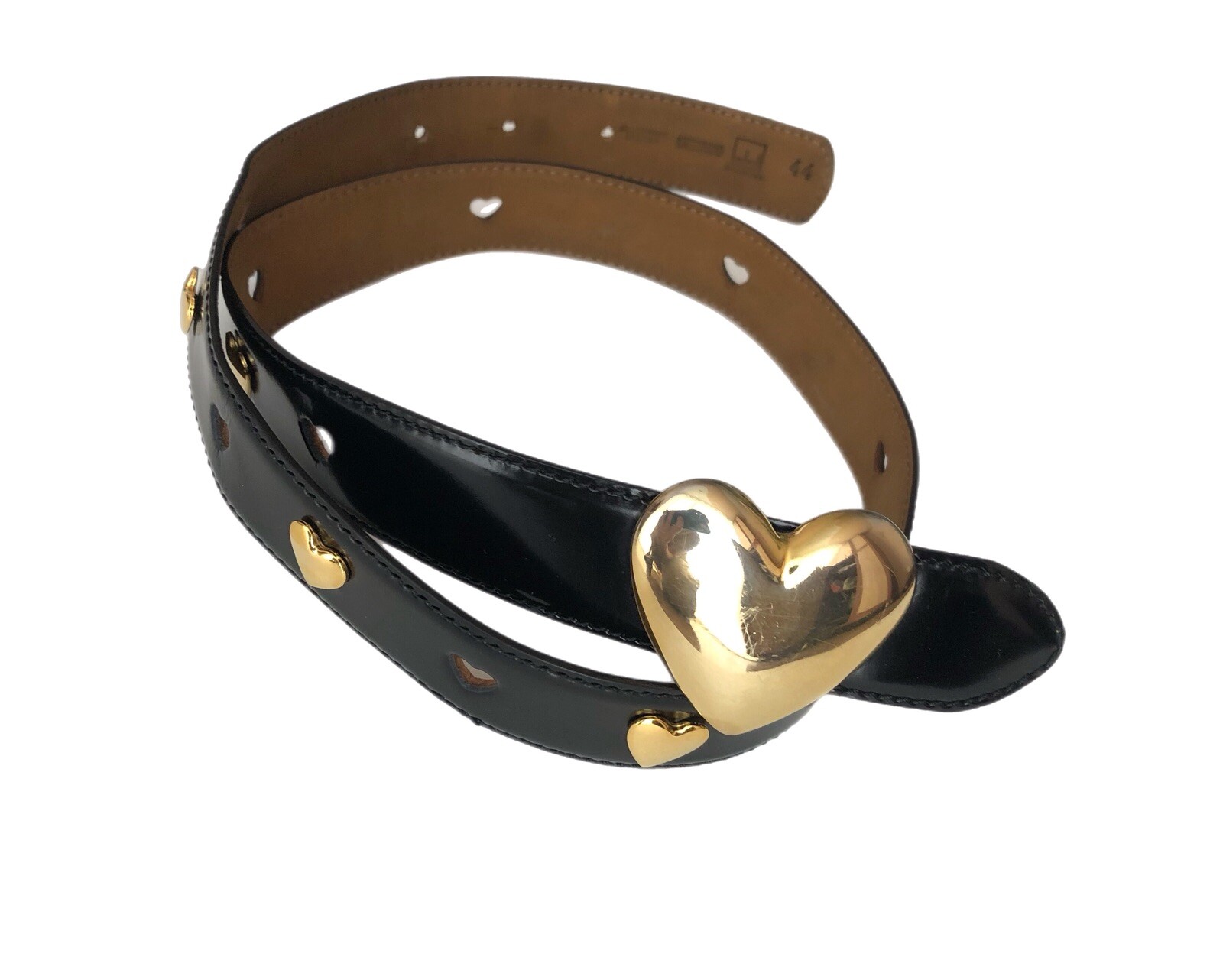 MOSCHINO Redwall Vintage Black Leather Gold Tone Hearts Belt Size 44