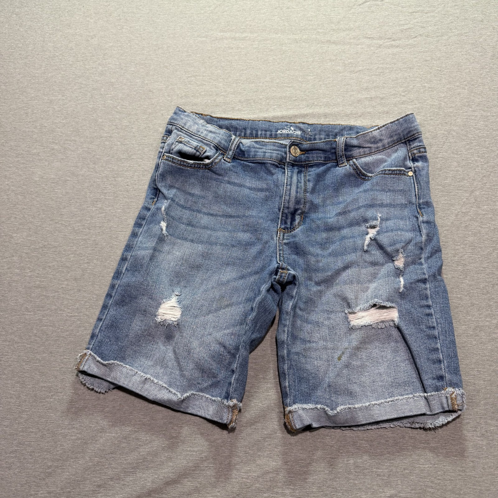 Jordache Denim Boyfriend Shorts Women’s 18 Distressed Mid Rise Stone Wash Blue