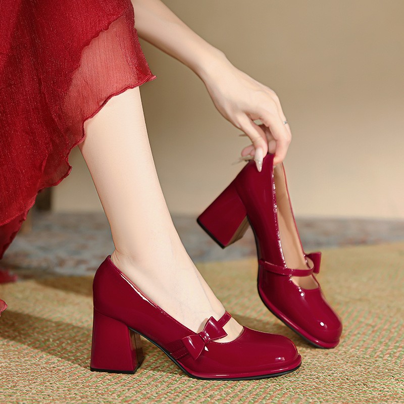 Wedding Mary Jane Shoes, Chunky Heel, Round Toe, Patent Leathe
