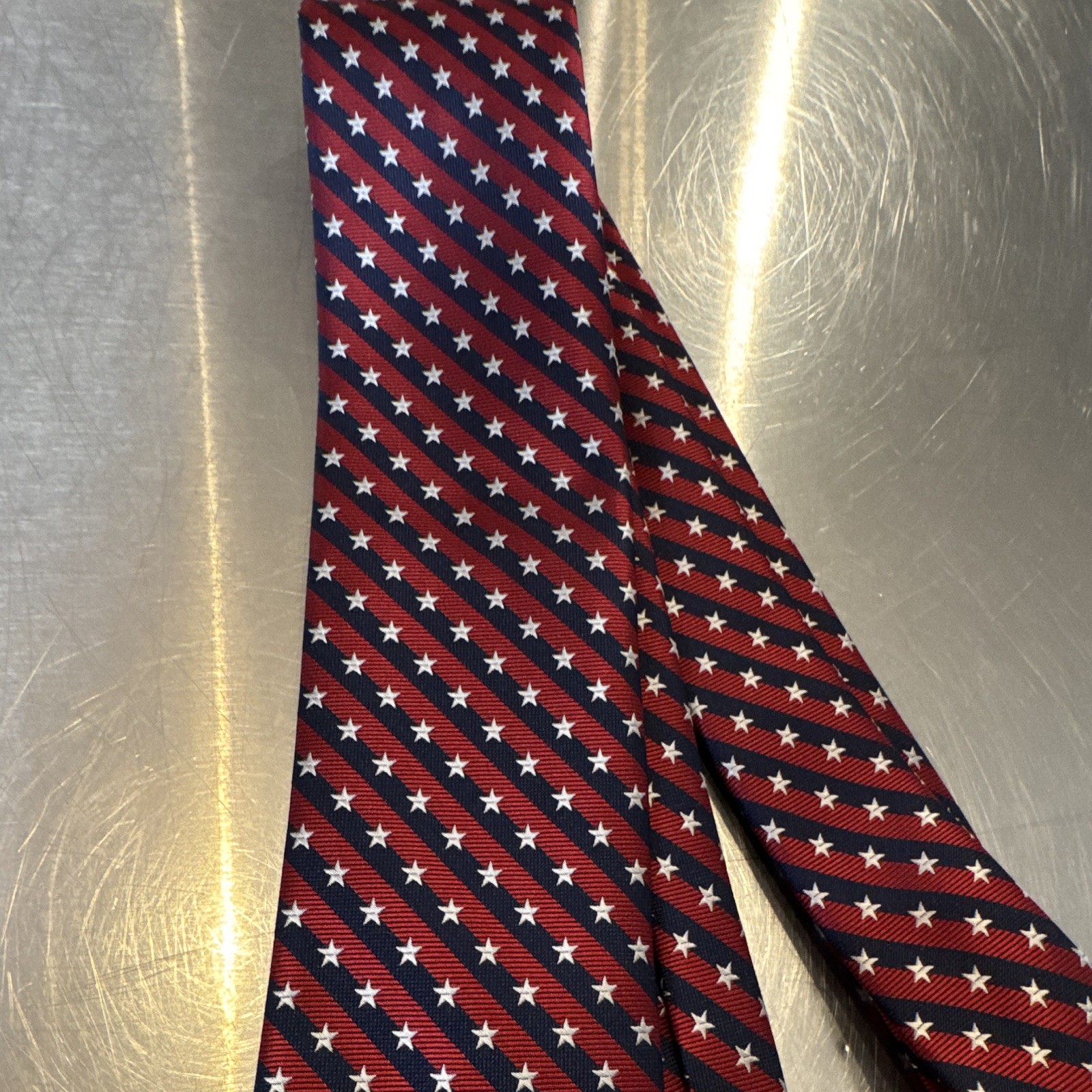 Stafford Men’s Red Blue White Striped Stars Woven Patriotic Tie 38”long 3.25”W