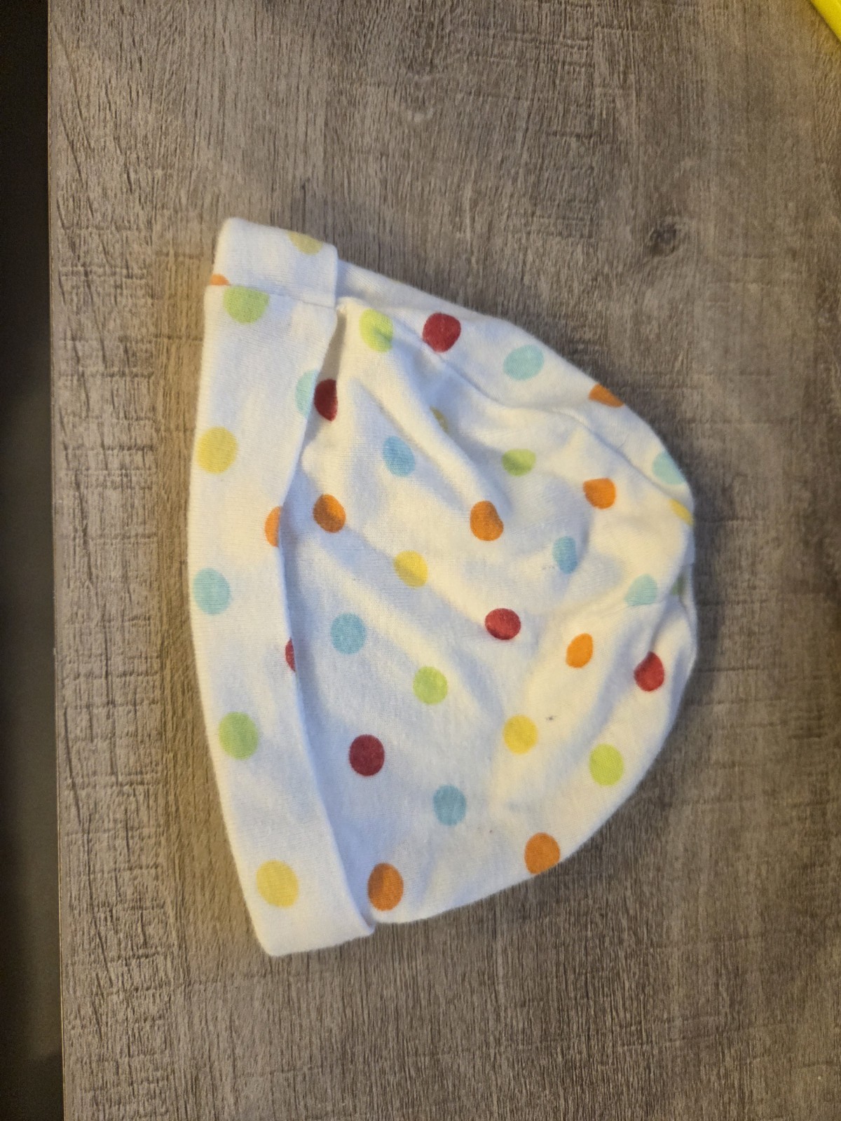 Newborn Baby Beanie Hat – White with Multicolor Polka Dots