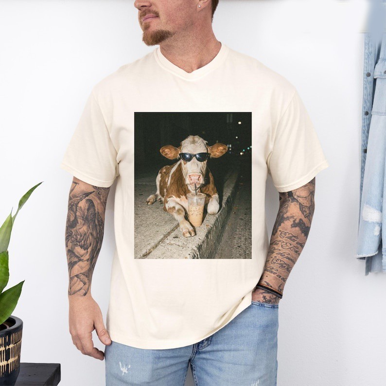 Cow Drinking Iced Coffee Shirt, Funny Animal Meme Tee, Sarcastic Coffee Lover