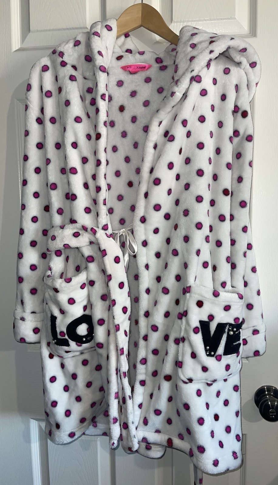 Betsey Johnson Love Robe Pink White Polka Dot XS S Hoodie Pockets Belt Embellish