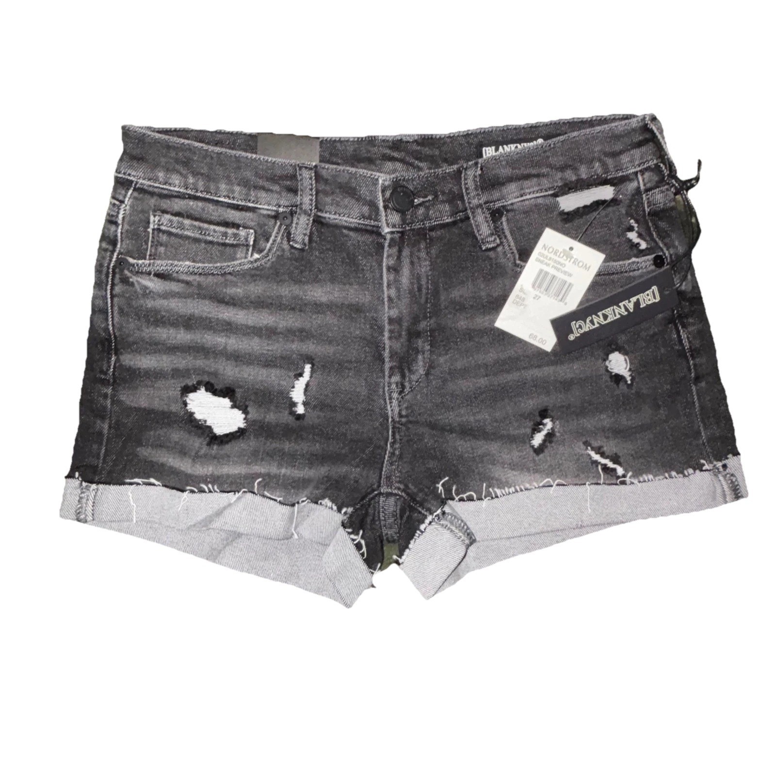 BLANKNYC The Fulton Black Distressed Denim Shorts Womens 27 High Rise Cuffed Hem