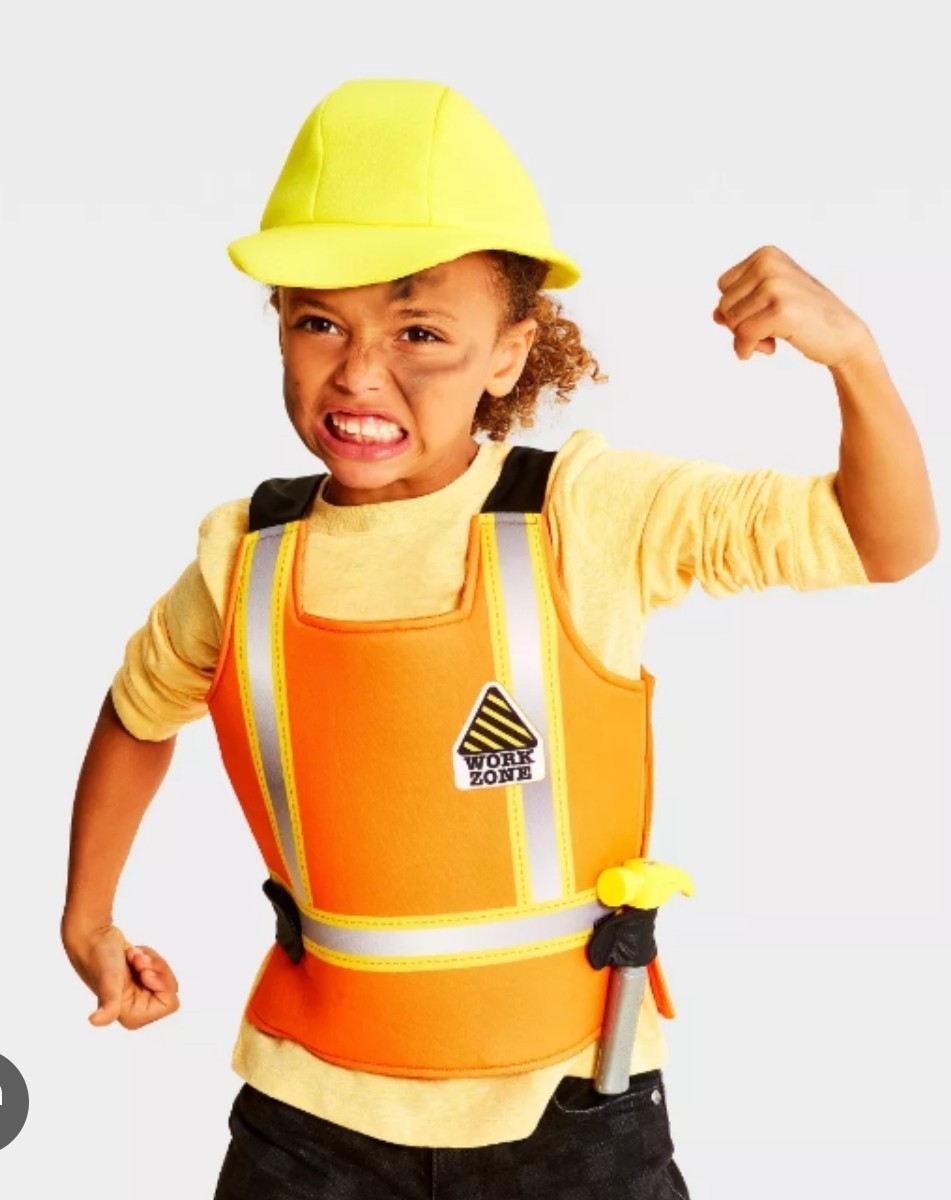 Dress Up Construction Worker Halloween Costume Play Set for Kids Vest Hat & Tool