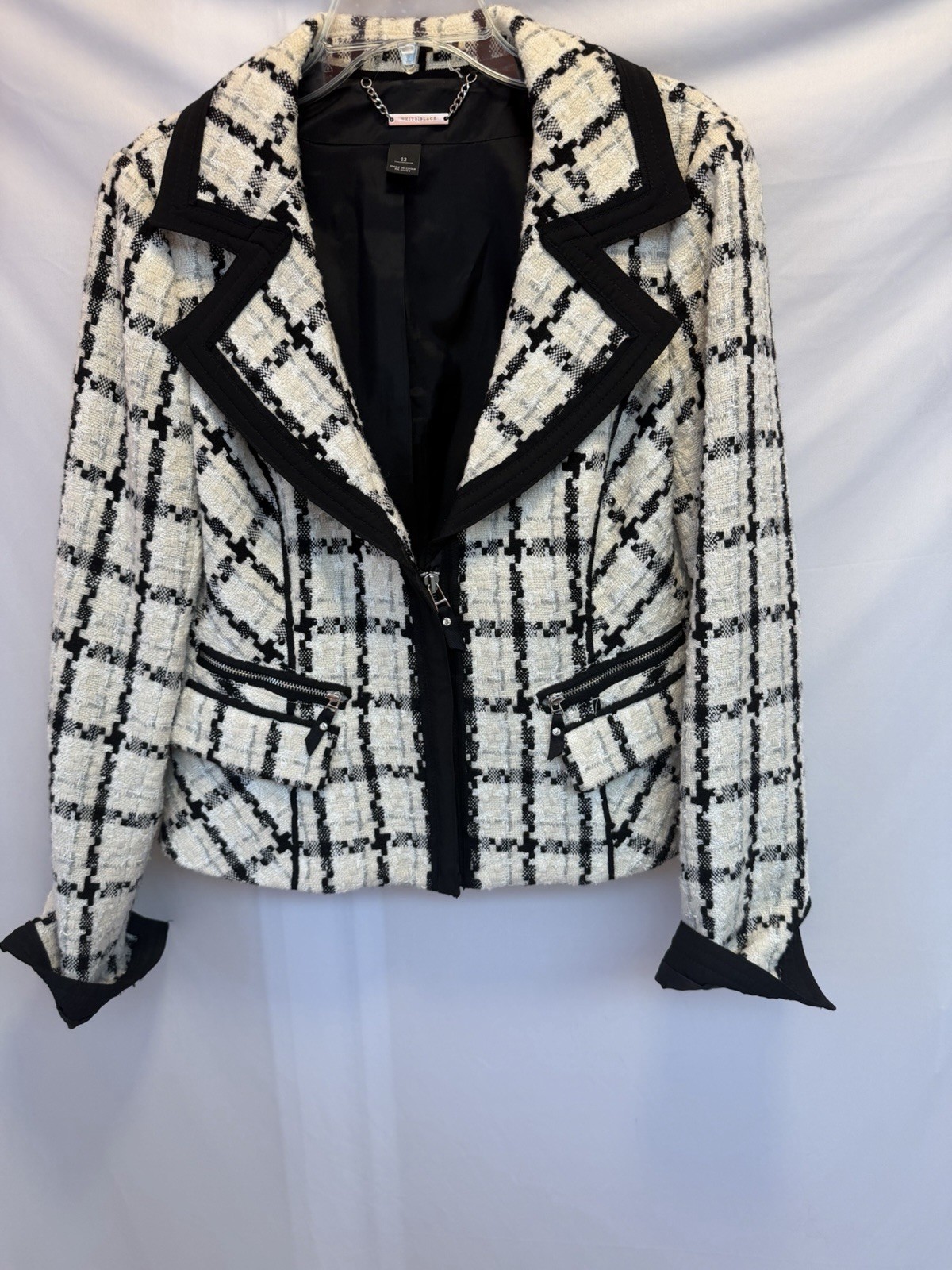 White House Black Market Black White Check Zip Jacket Pockets Women’s 12