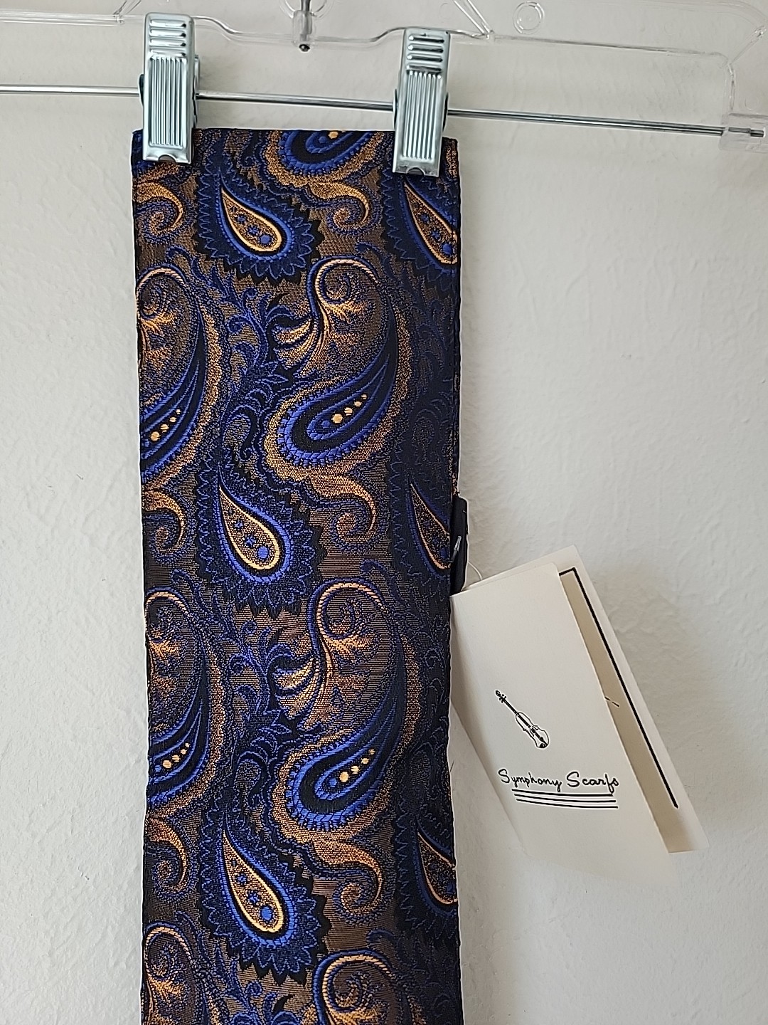 Vtg Symphony Scarf Blue Gold Paisley Made in USA Fringe Hem 6.5”x 76” Unisex
