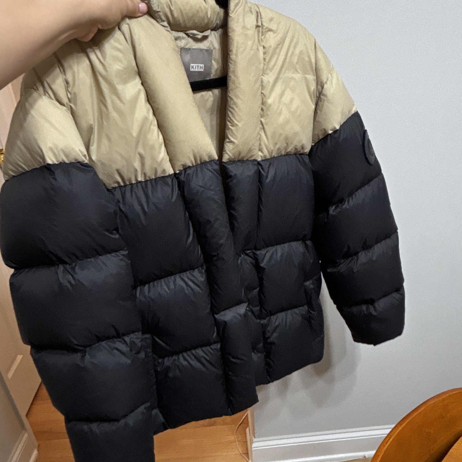KITH Colorblock Insulated Puffer Jacket Logo Shawl Collar Button Two Tone Size S
