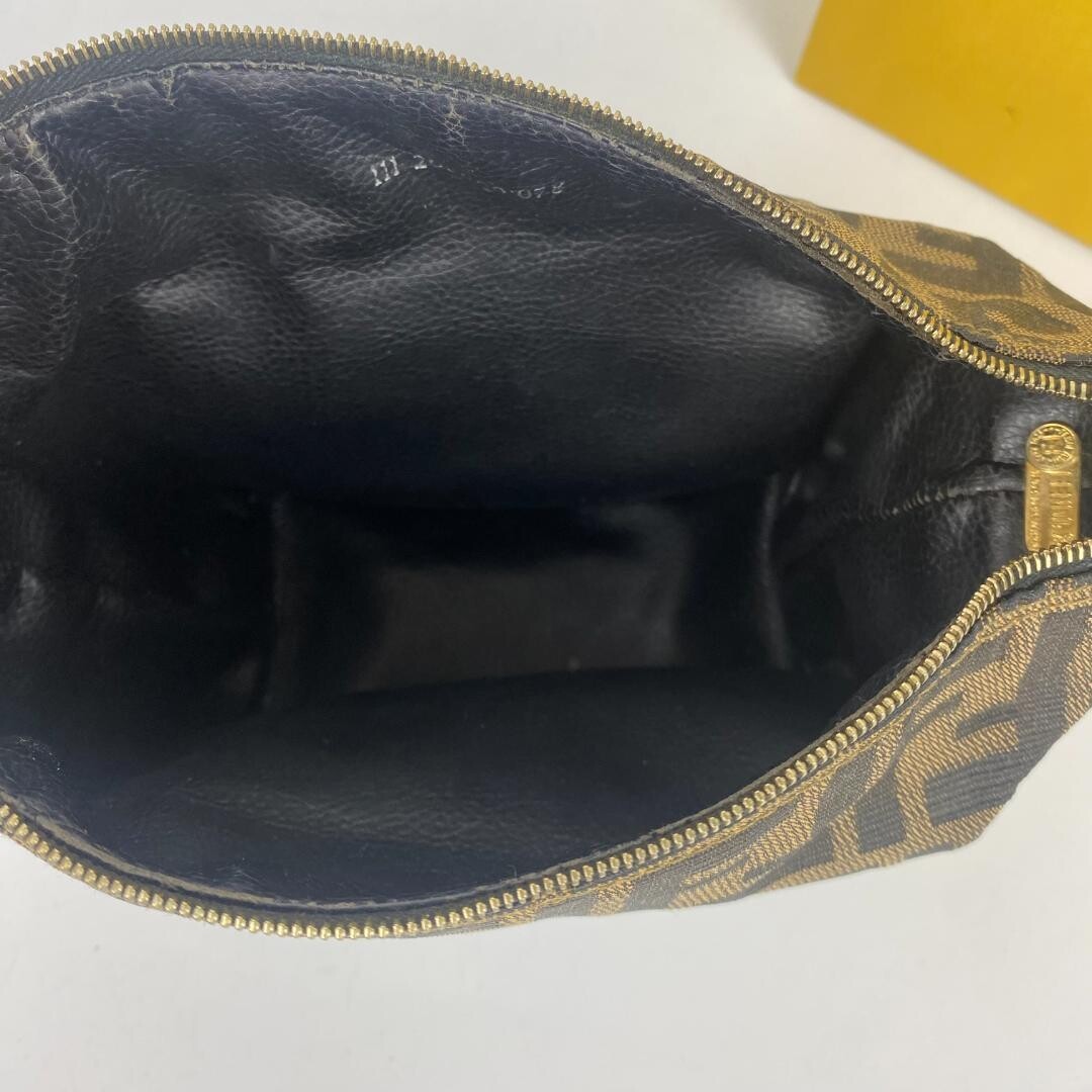 Fendi Zucca FF Logo Vanity Bag Canvas Leather Brown Gold Italy Top Handle Zip