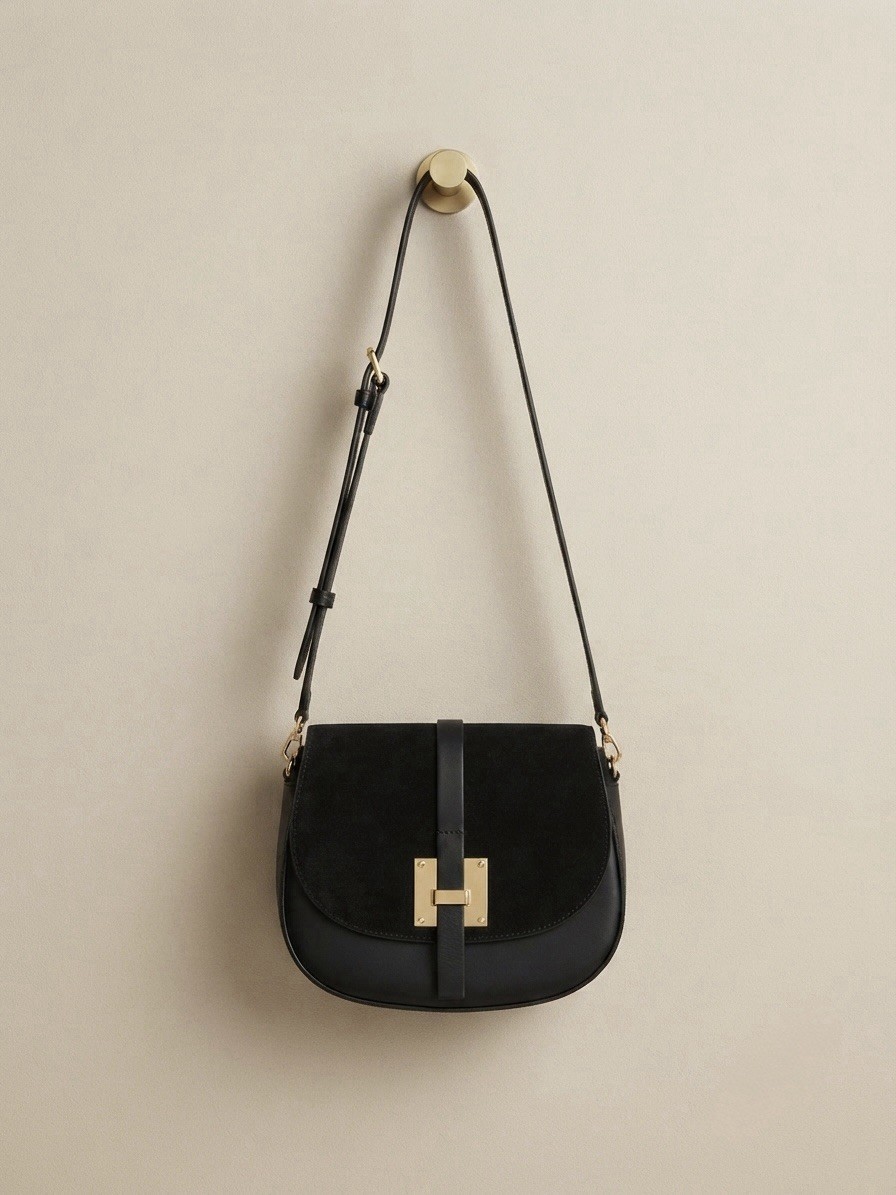 Italian Black Leather & Suede Saddle Bag Crossbody Gold Hardware Made in Italy