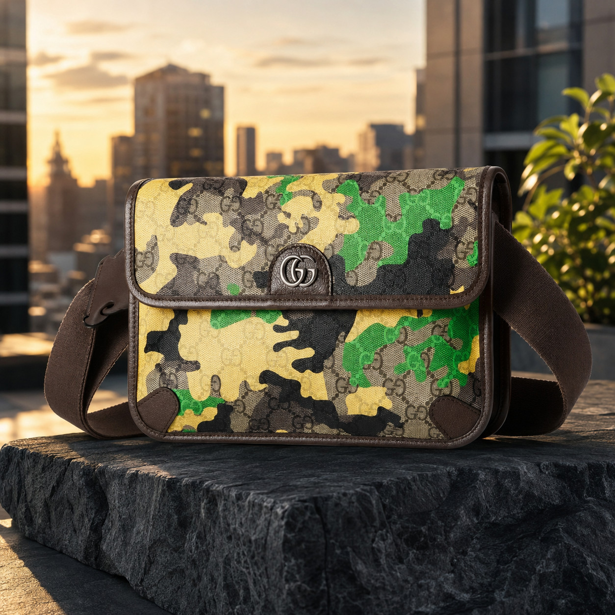 Gucci GG Supreme Monogram Camouflage Belt Bag Green/Yellow Authentic NWT