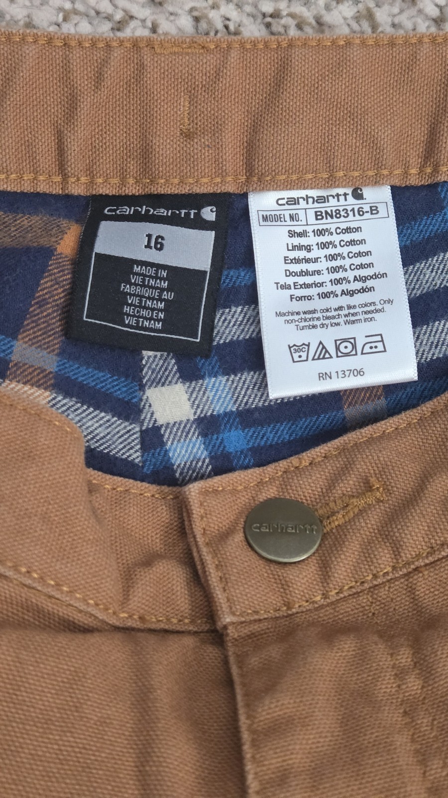 CARHARTT Youth Flannel Lined Canvas Pants Size 16 Inseam 21″ School Outdoors