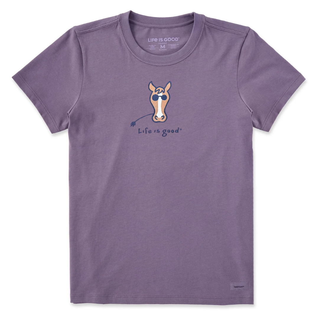 Life is Good. Women’s Horse Short Sleeve Crusher Tee, Dusk Purple