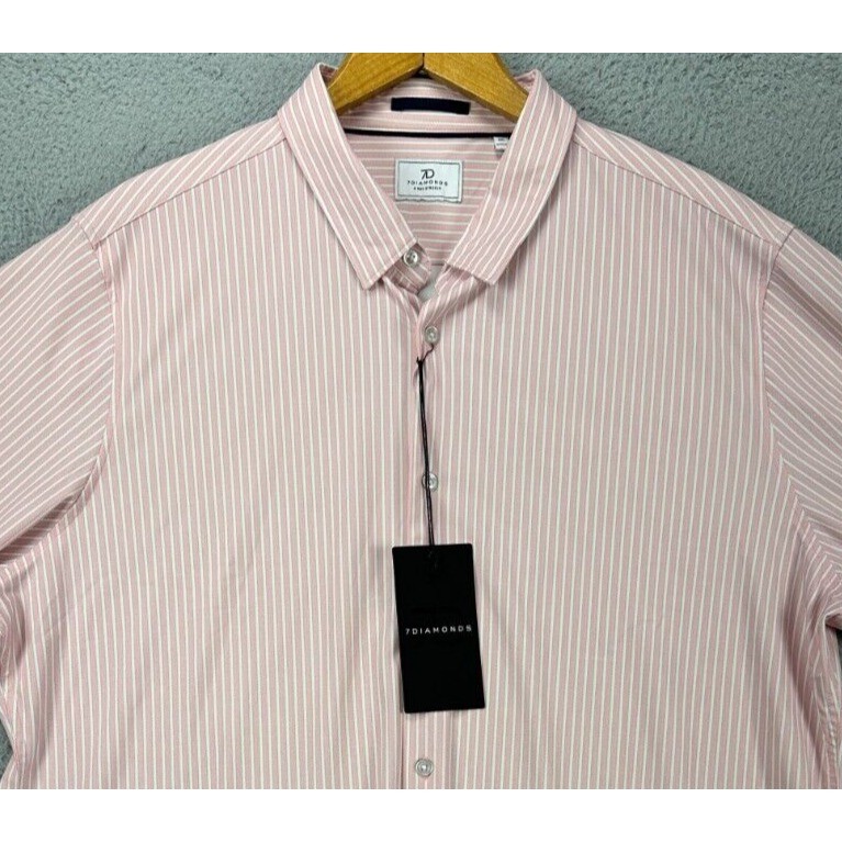 NEW 7 Diamonds 7D Shirt Mens Medium Pink Camden Stripe Button Up 4 Way Stretch