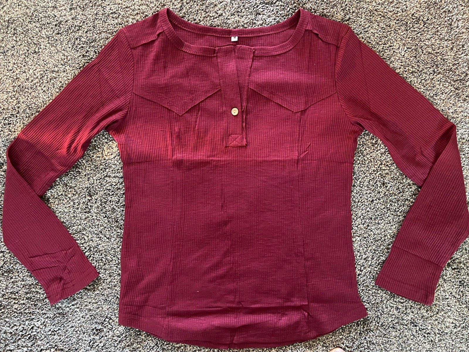 Womens Ribbed Knit Henley Top Medium Burgundy Long Sleeve Stretch Casual Shirt