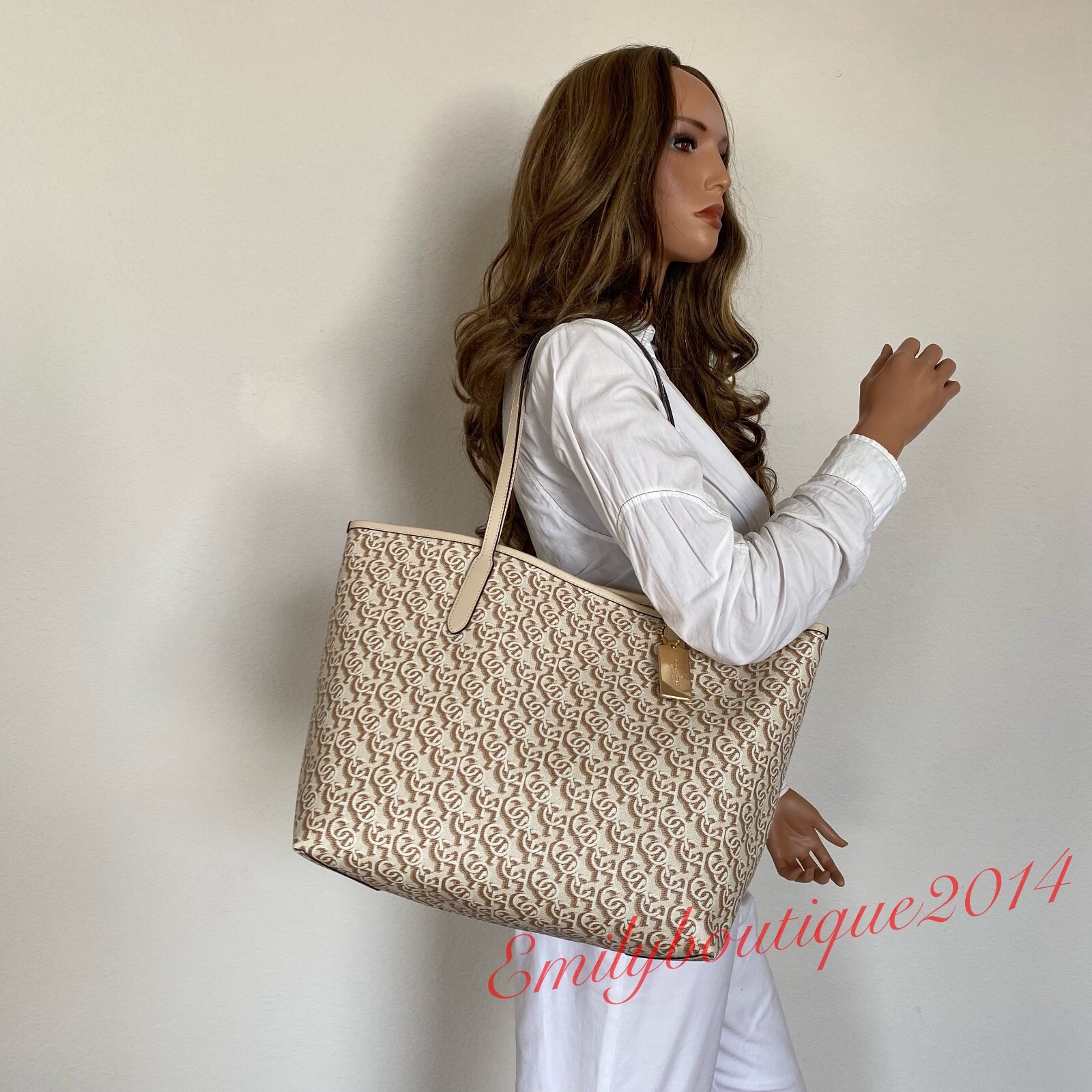 NWT Coach CF342 City Tote with Monogram Print in Canvas & Leather Gold Chalk Bag