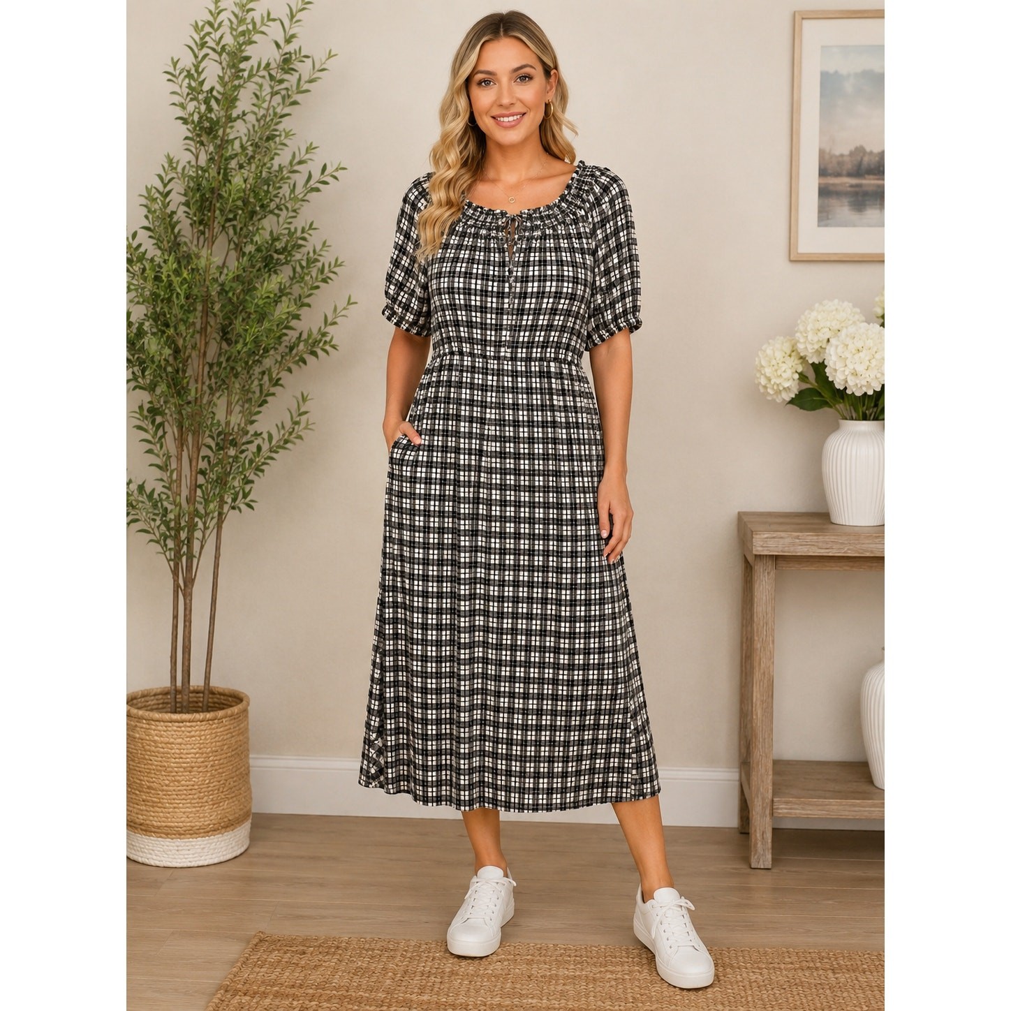 Old Navy Women’s Plaid Midi Dress Size L Black & White Puff Sleeve Side Pockets