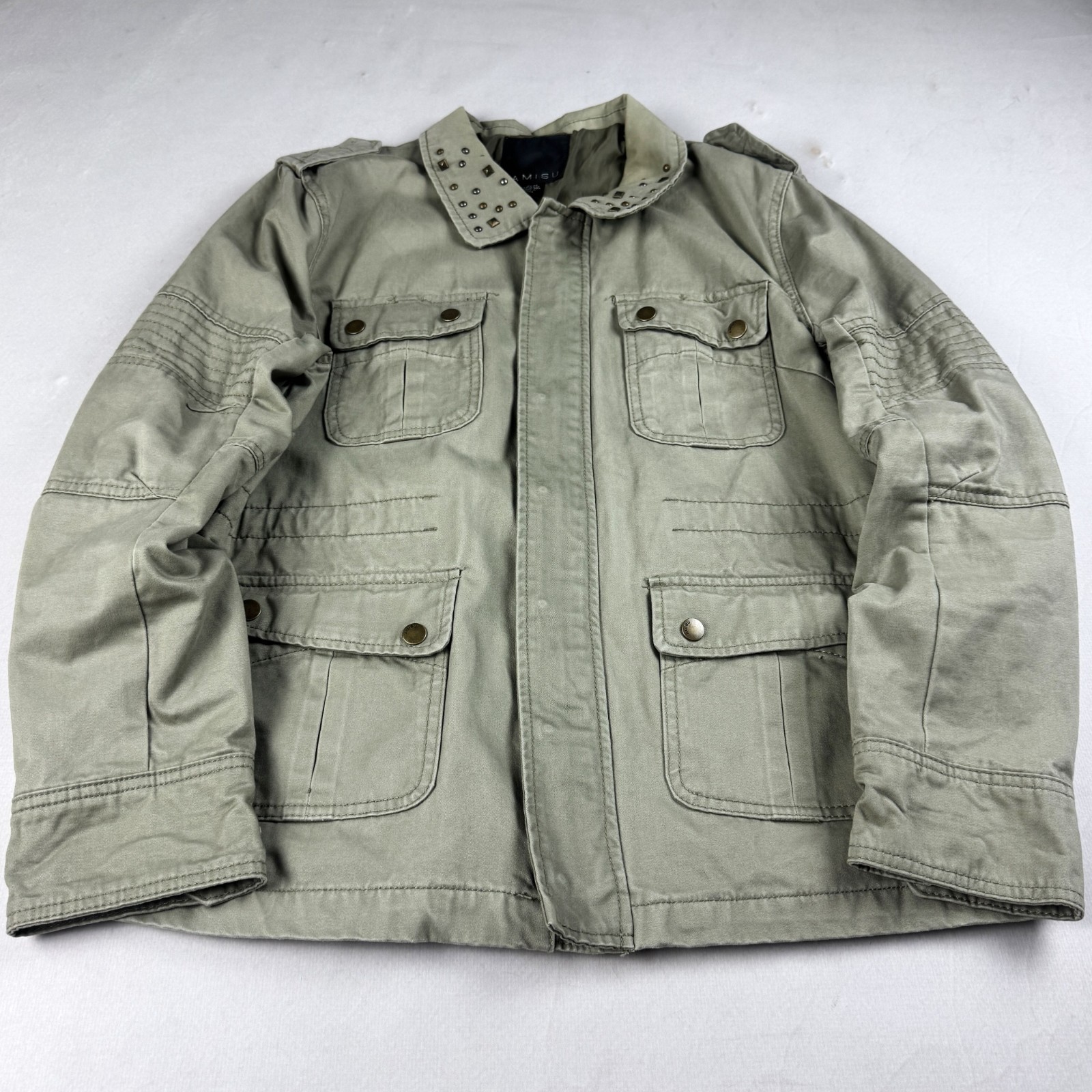 Womens Amisu Khaki Utility Jacket Studded Collar Multi Pocket Military Grunge