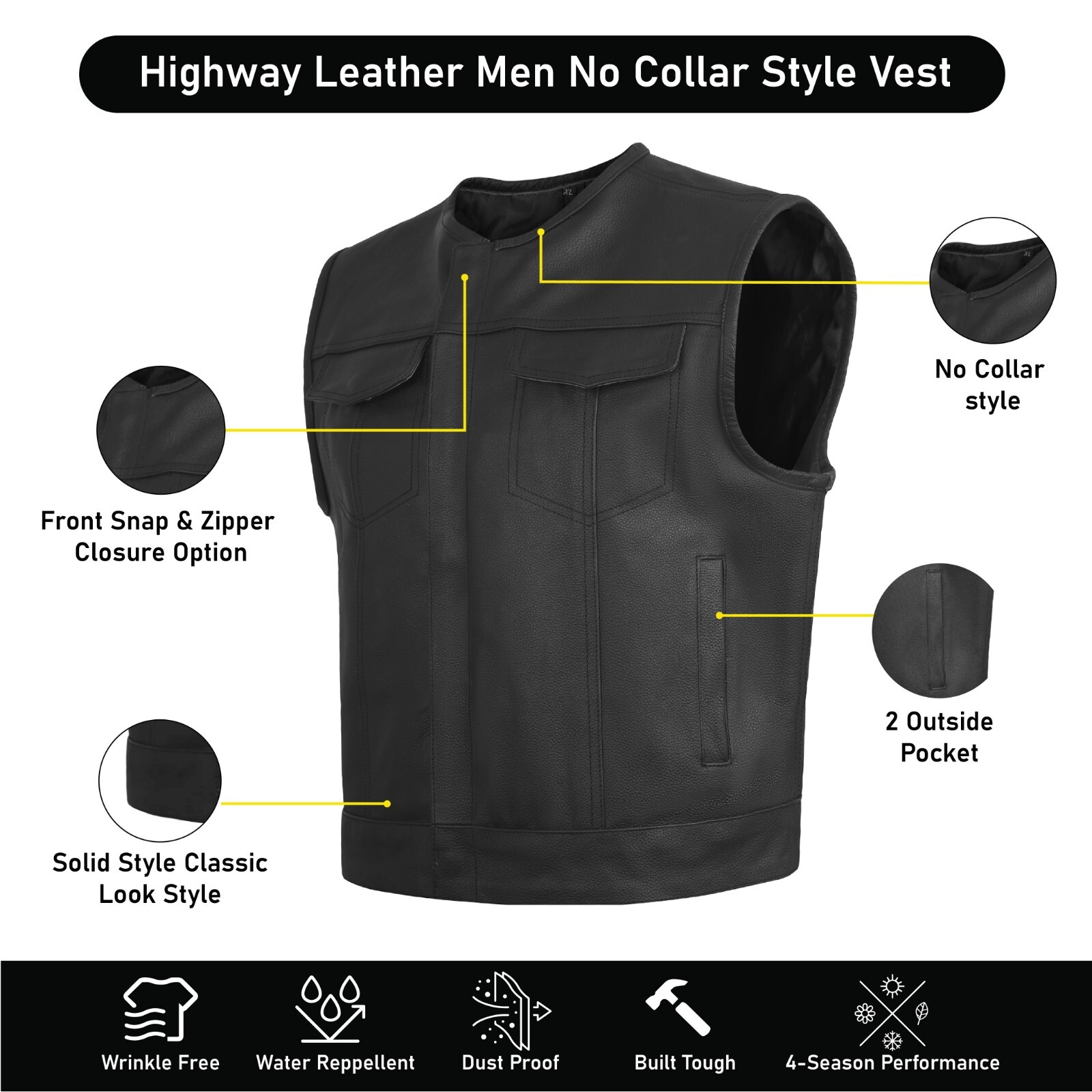 HL11659SPT Low Rise Short Torso Black Club Style Vest (Cow Leather)