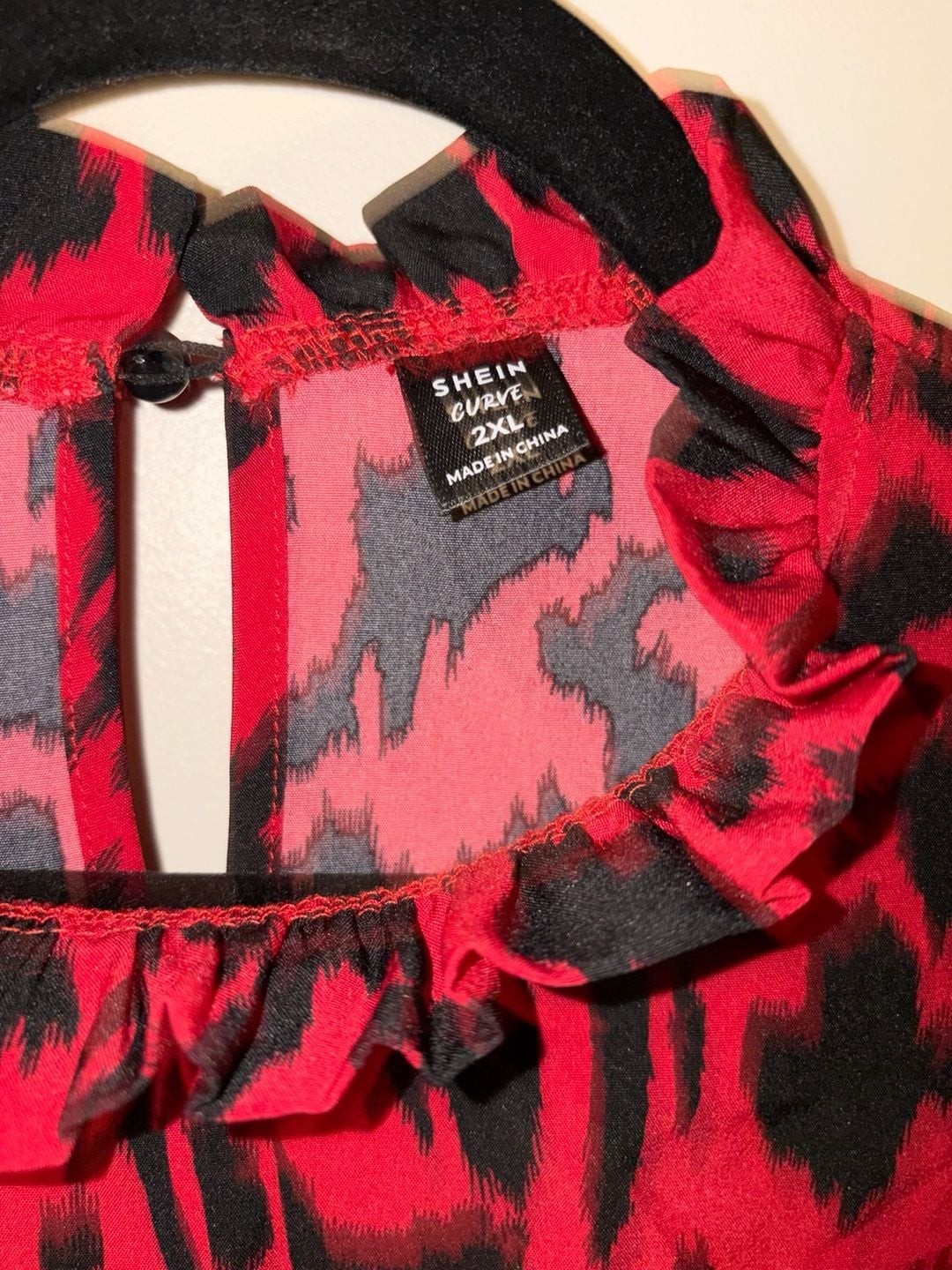 SHEIN Curve Red and Black Leopard Print Ruffle Mock Neck Blouse