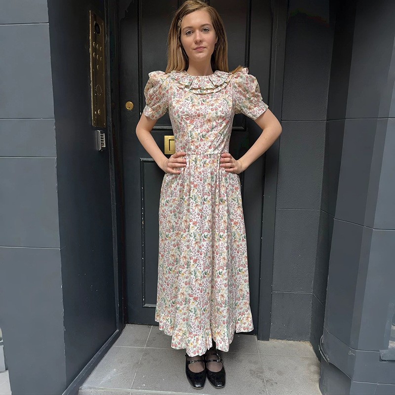 DOEN Floral Print Dress – Ruffle Neck Layered Ruffle Hem Puff Long Sleeve
