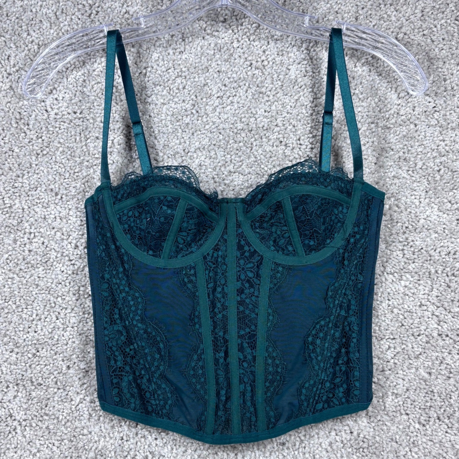 Emerald Green Lace Corset Top Bustier Sweetheart Neckline Hook Eye Back Small