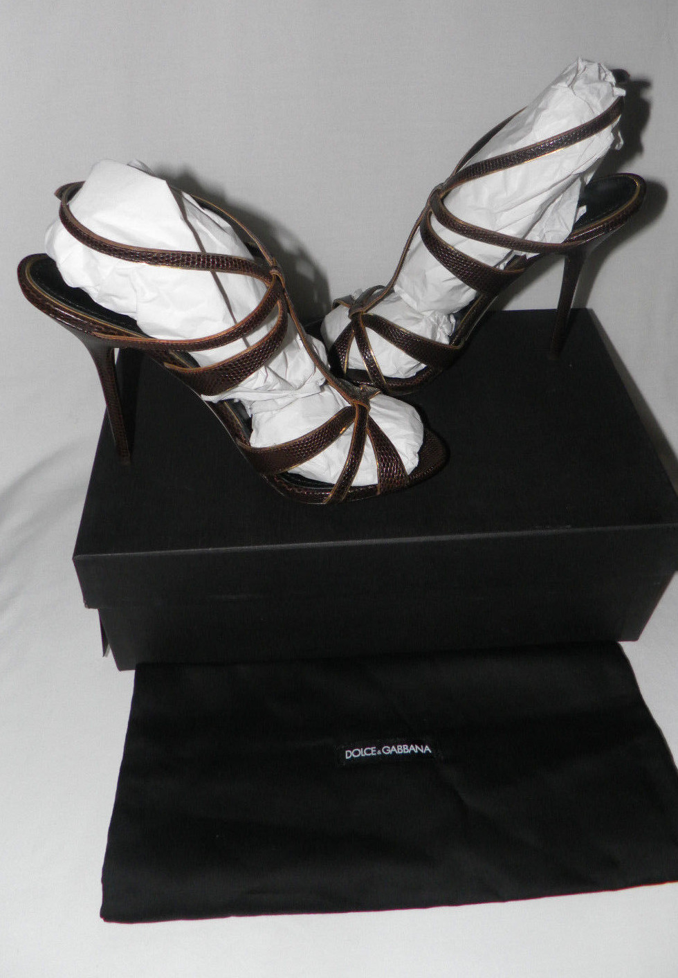 DOLCE & GABBANA LIZARD STRAPPY T-STRAP SLINGBACK STILETTO SANDALS BROWN Sz. 40