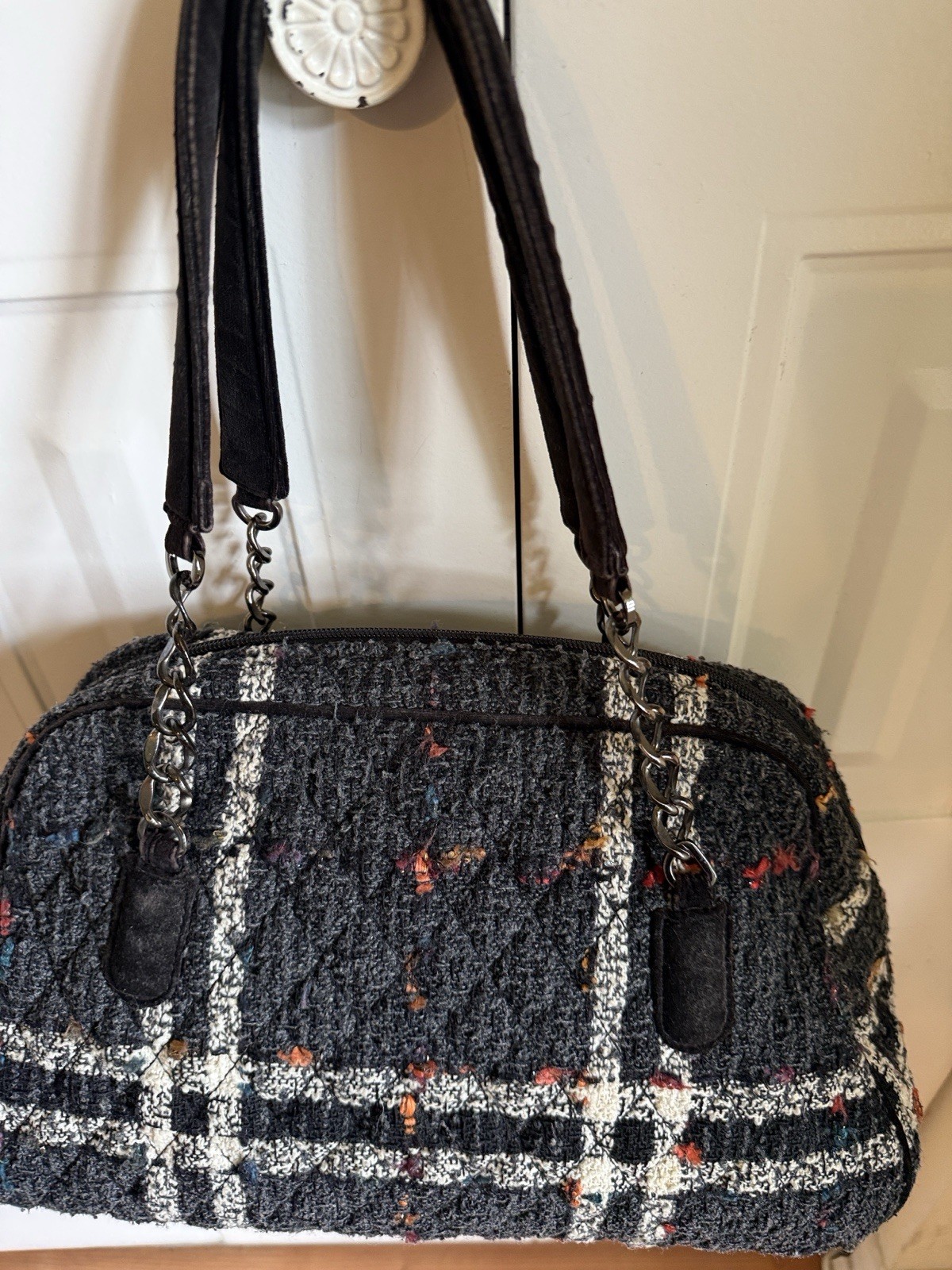 Vera Bradley Plaid Shoulder Bag with Chain Strap, Zipper Accents, Outer Pockets