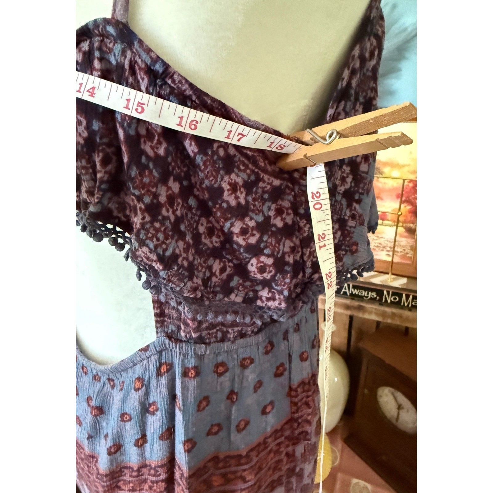 Boho Floral Pom Pom Trim Cutout Back Maxi Dress Purple M