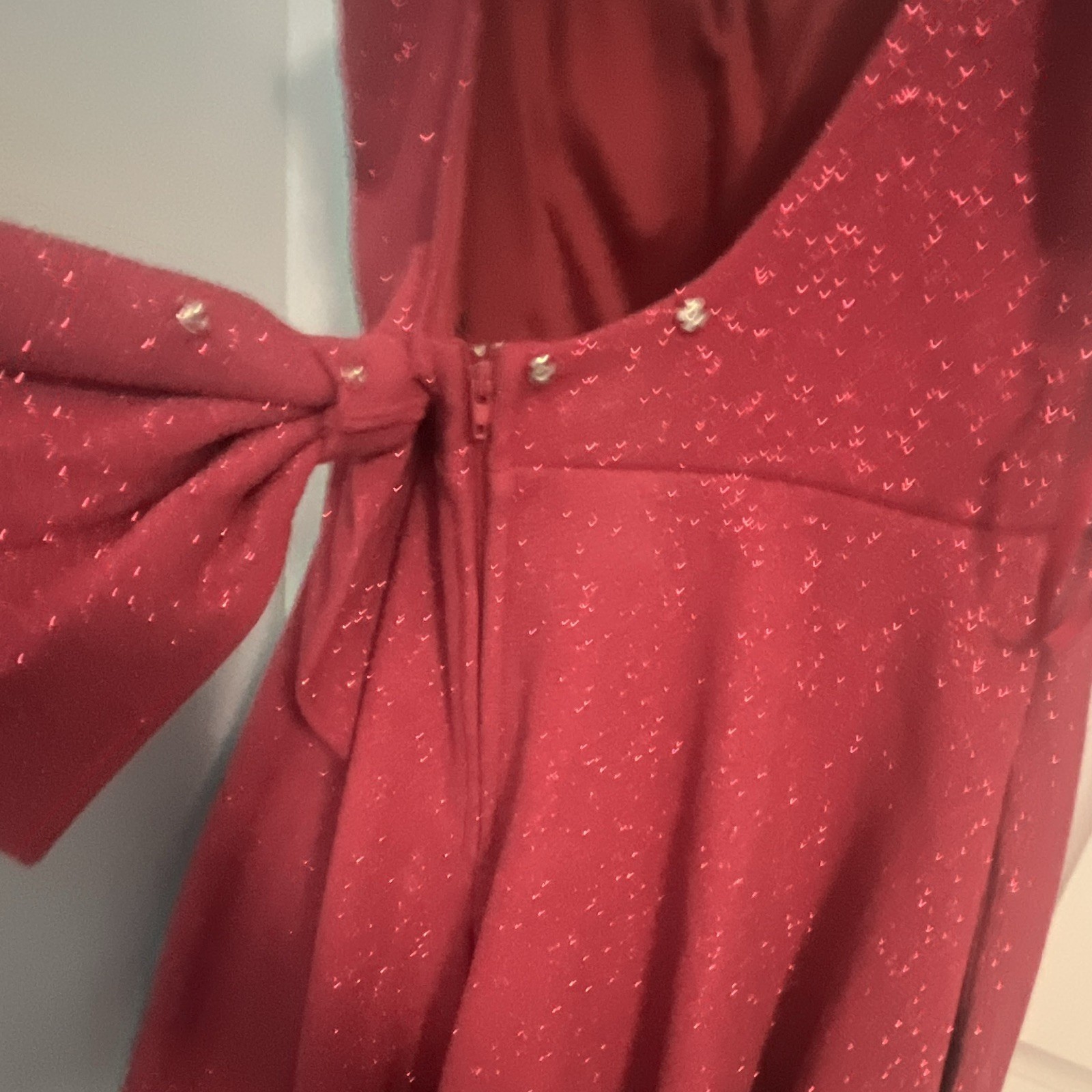 City Studio Burgundy Glitter Bow V-Neck Strappy Fit & Flare Dress size 13.