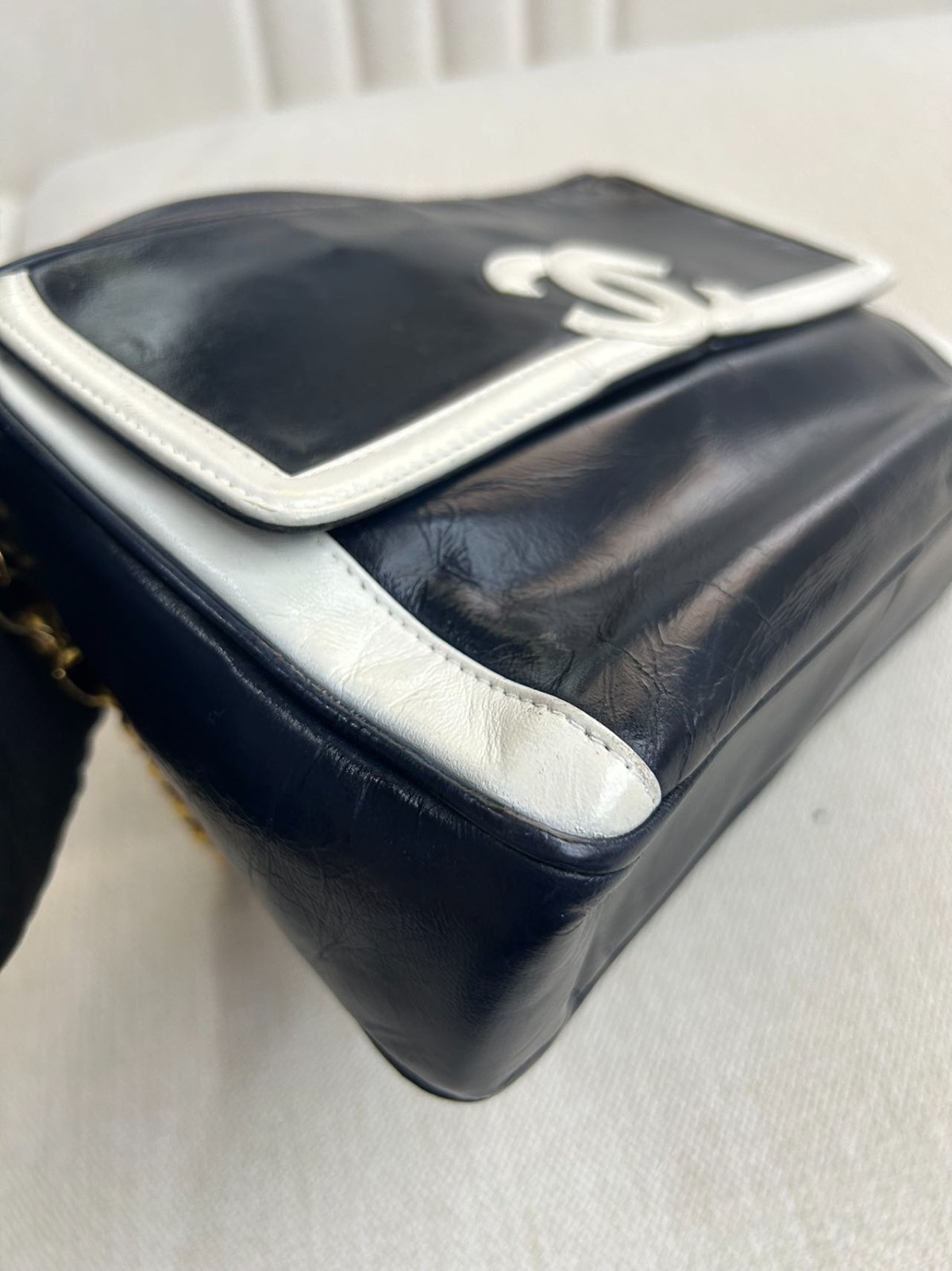 Chanel Camera Crossbody Bag Blue Leather Silver Flap Chain Pre-Owned France