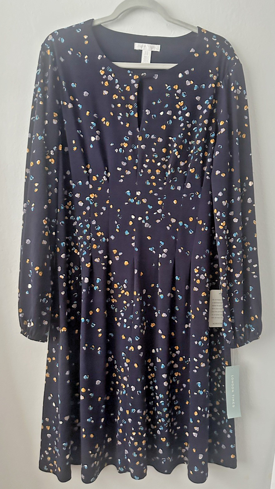 London Times Abstract Print Key Hole Long Sleeve Tucked Dress Size 16 Navy