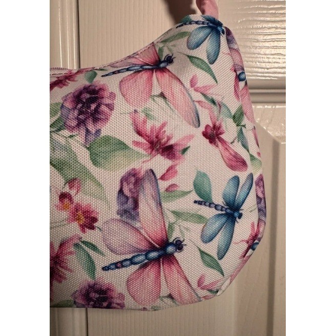 Garden Inspired Shoulder Bag Small White Pink Dragonfly Floral Print Clutch
