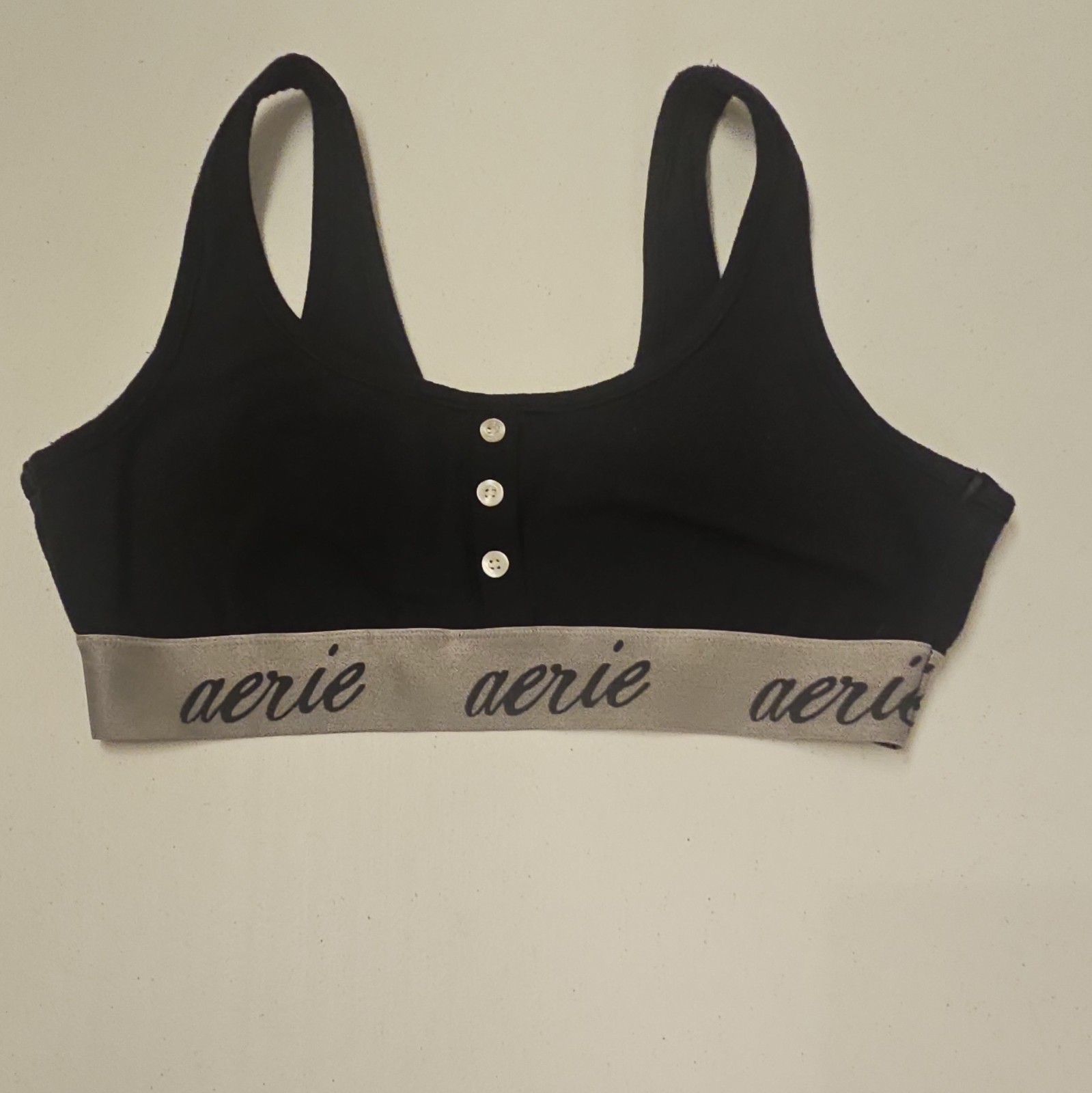 Aerie Black Wireless Pullover Bralette Bra Gray Logo Band Buttons Size S