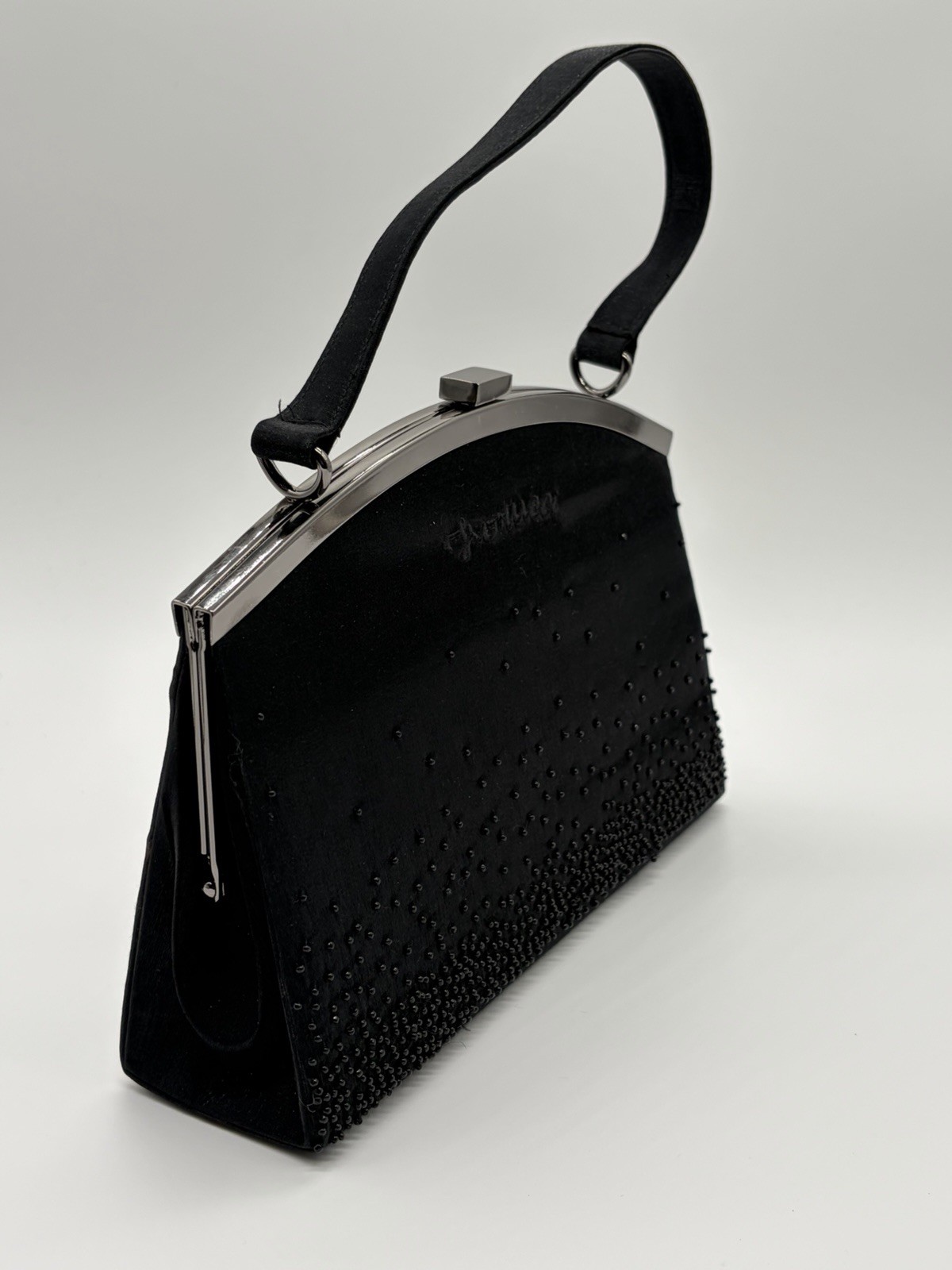 Fio Rucci Black Beaded Evening Bag Purse Silver Frame Top Handle Formal Clutch