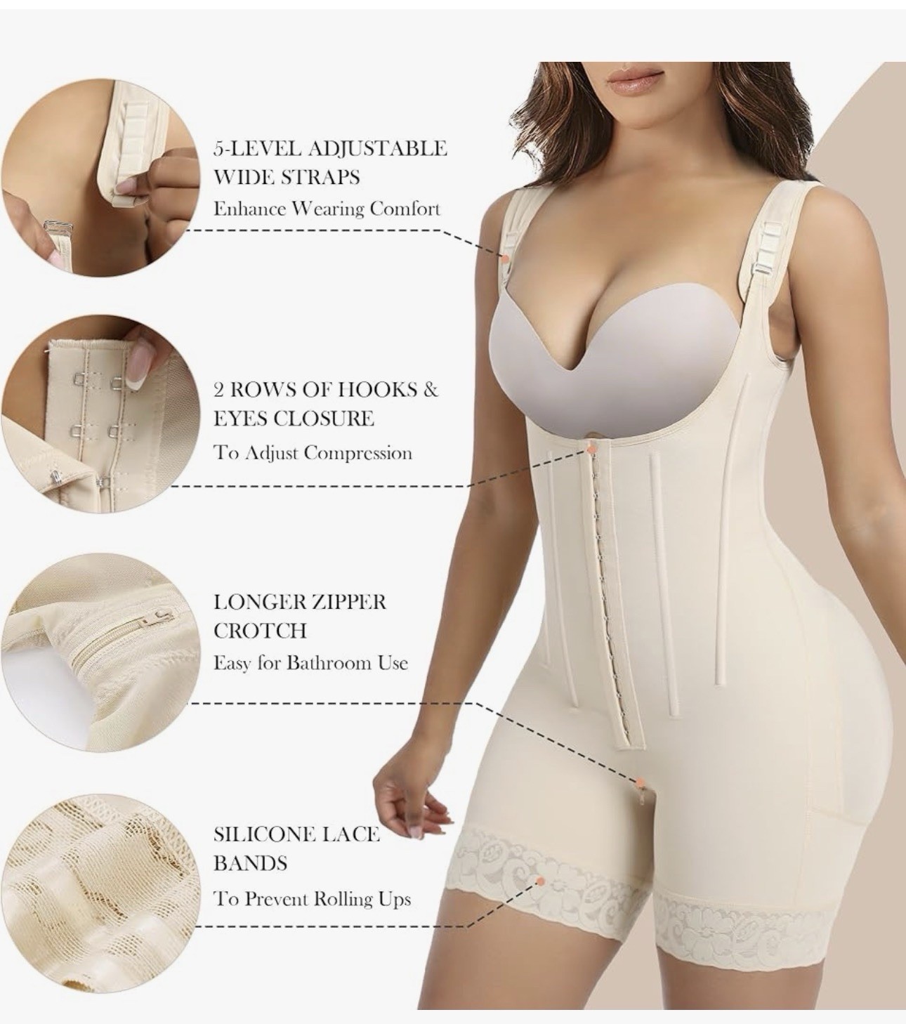 YIANNA Beige Firm Control One Piece Shapewear Bodysuit Size LARGE