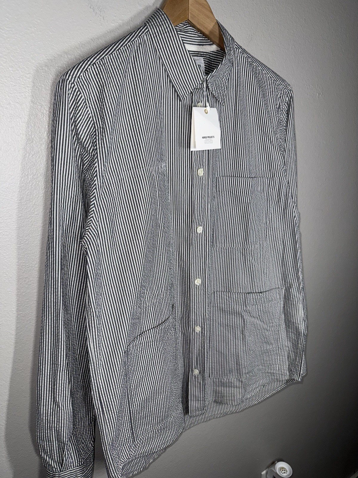 Norse Projects Thorsten Seersucker Shirt Mens Size M Navy Striped (NEW)