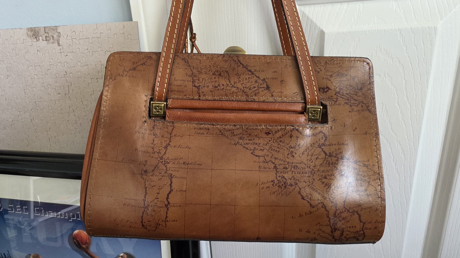 Patricia Nash Brown Map Print Satchel/Top Handle Clasp Gold HW Pockets Charm