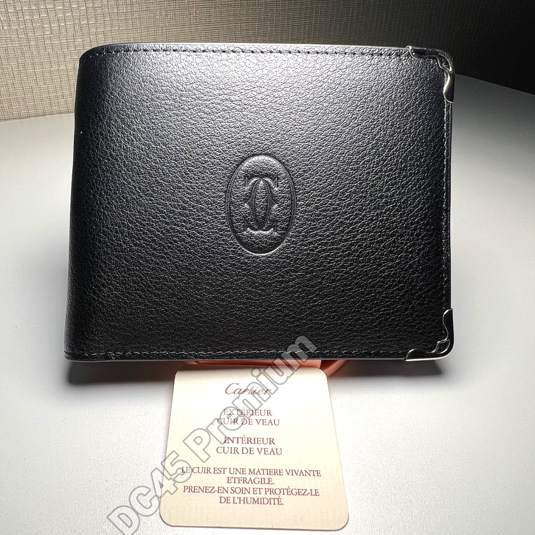 CARTIER Black Leather Bifold Wallet Must De Cartier Silver Tone Corners