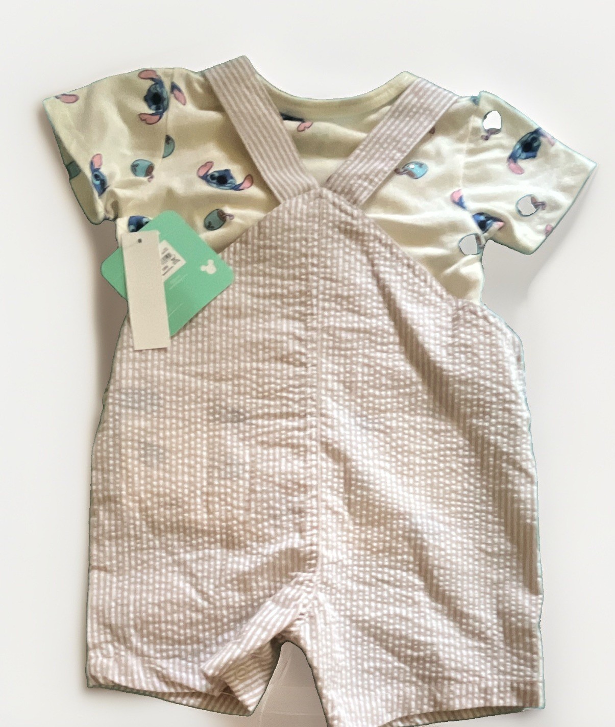 Disney Stitch 2pc Seersucker Striped Overalls & Short Sleeve Shirt Set 12M